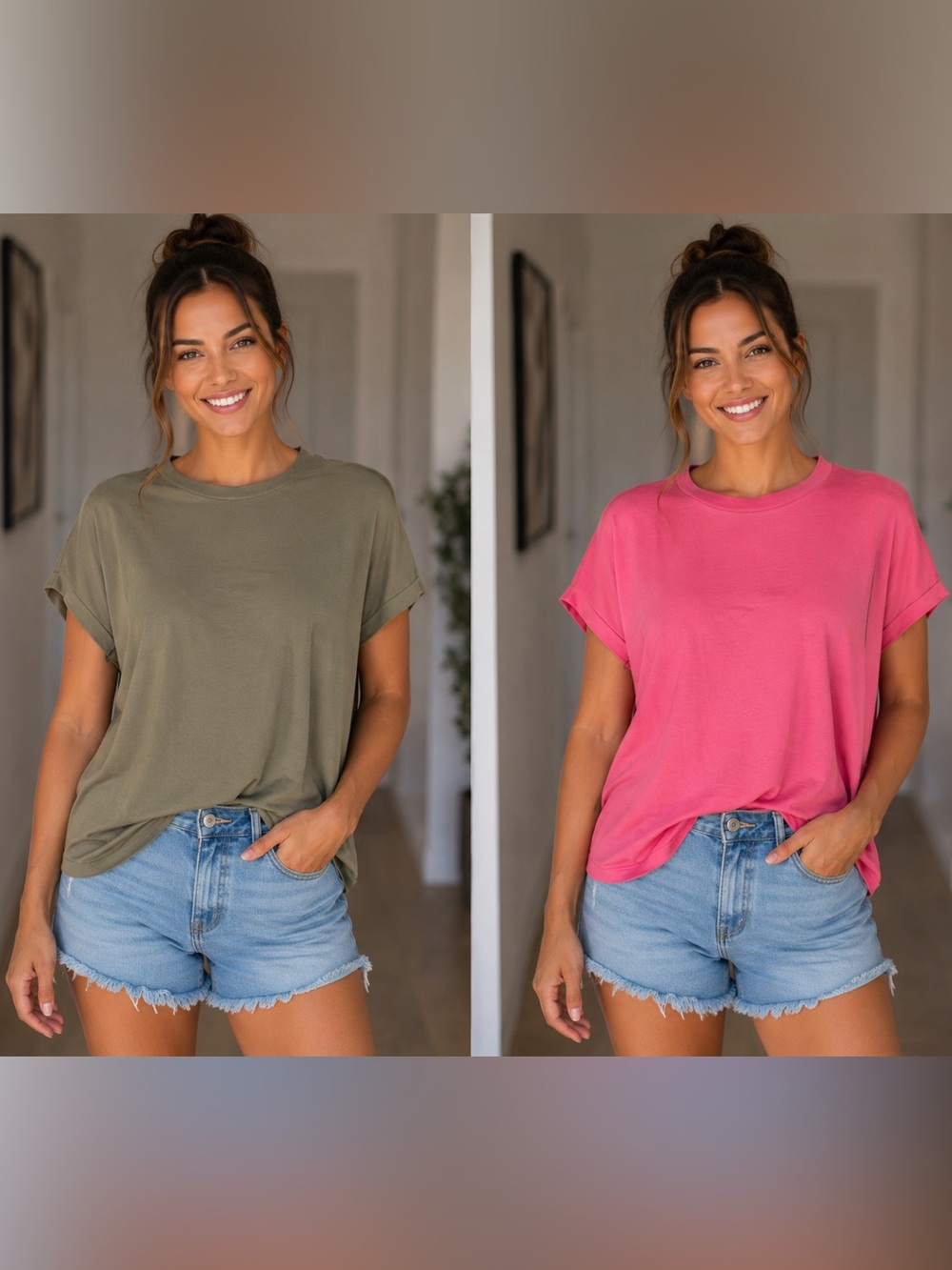 a new day Short Sleeve Tee Duo - Olive Green & Pink
